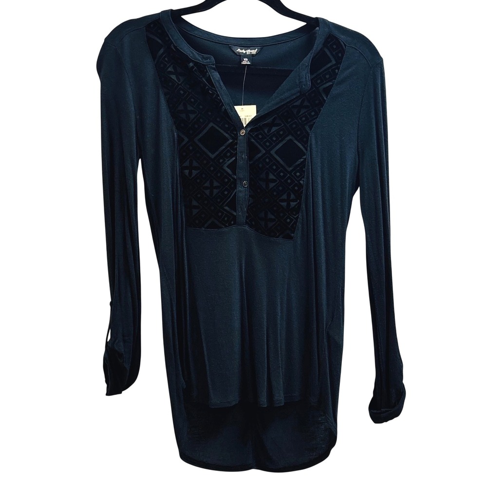 NWT Lucky Brand Womens XS Black Velvet Burnout Henley Roll Tab Sleeve Top